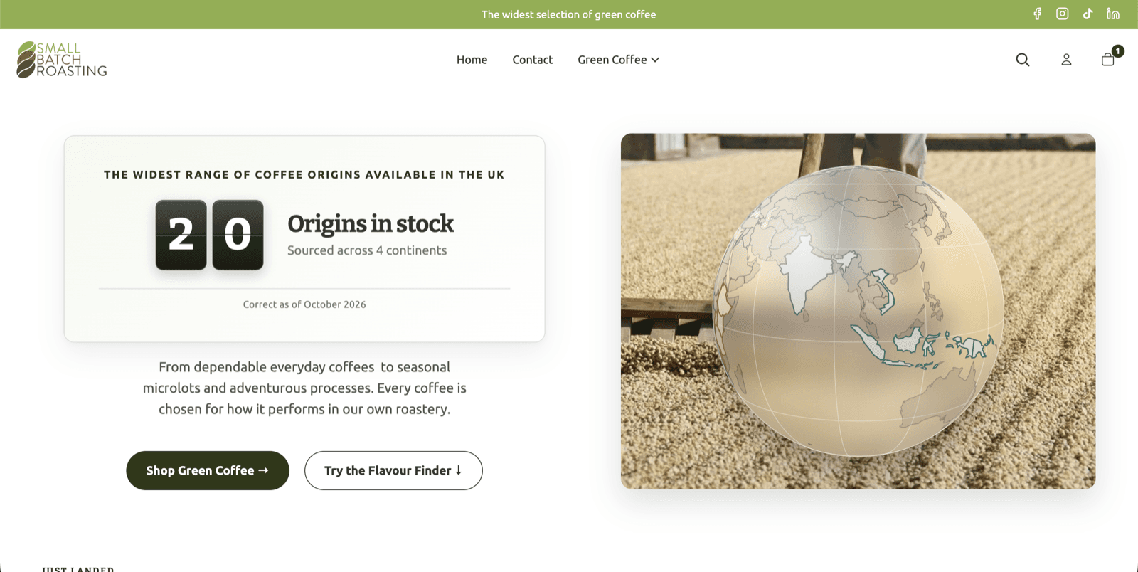 Small Batch Roasting storefront showing live origin stock counts